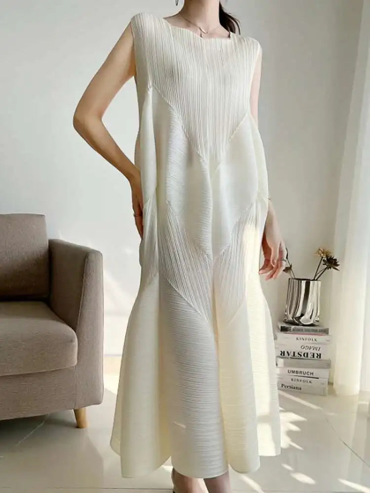 HEYFANCYSTYLE Female Designer Japanese Plissé Midi Dress Sleeveless
