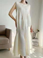 HEYFANCYSTYLE Female Designer Japanese Plissé Midi Dress Sleeveless