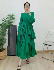 HEYFANCYSTYLE Female Elegant Pleated Ruffled Designer Japanese Plissé Midi Dress