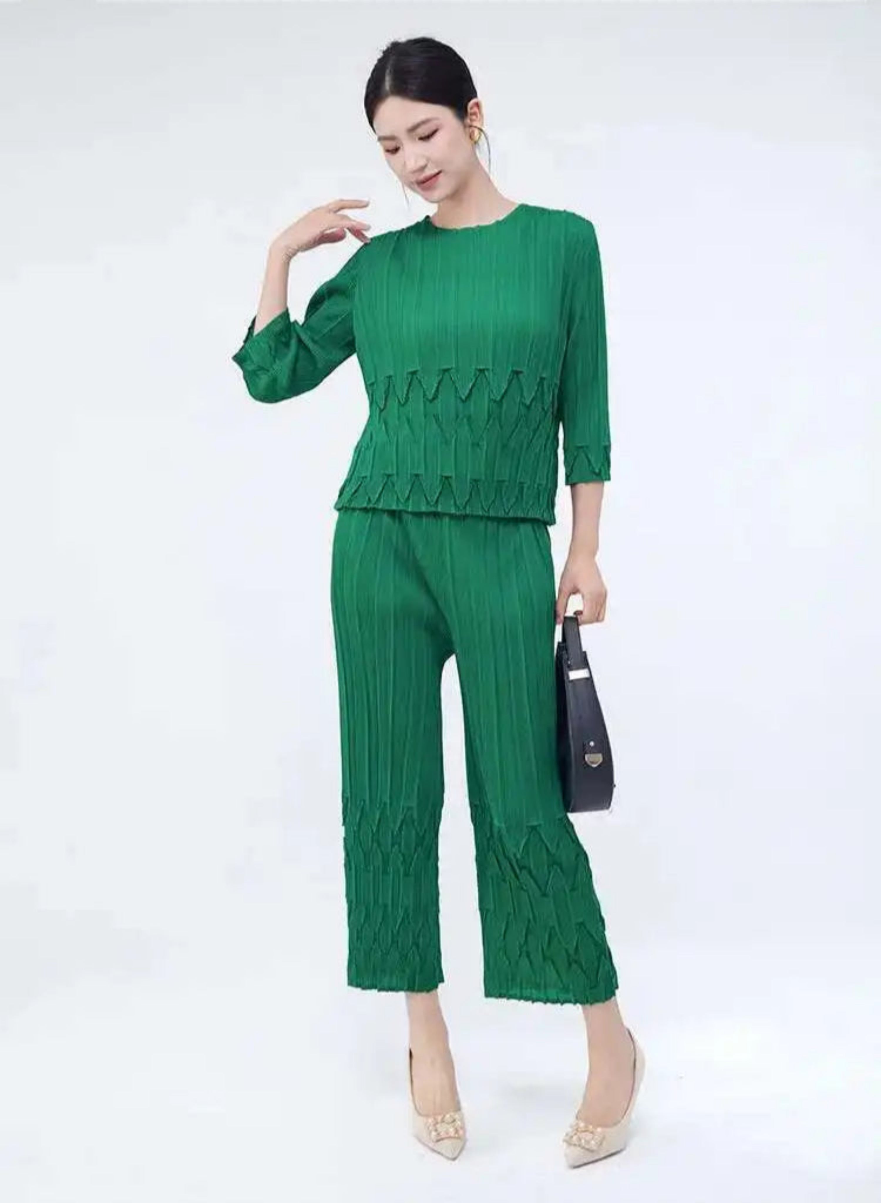HEYFANCYSTYLE Female Elite Designer Japanese Plissé Pleated Trousers Set