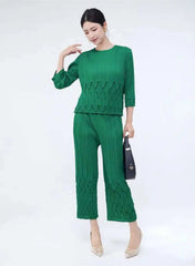 HEYFANCYSTYLE Female Elite Designer Japanese Plissé Pleated Trousers Set