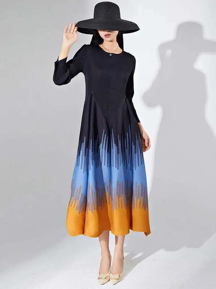 HEYFANCYSTYLE Female Luxury Japanese Pleated Midi Long Sleeve Dress

