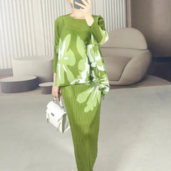 
HEYFANCYSTYLE Female Luxury Pleated Floral Designer Top Skirt Japanese Set