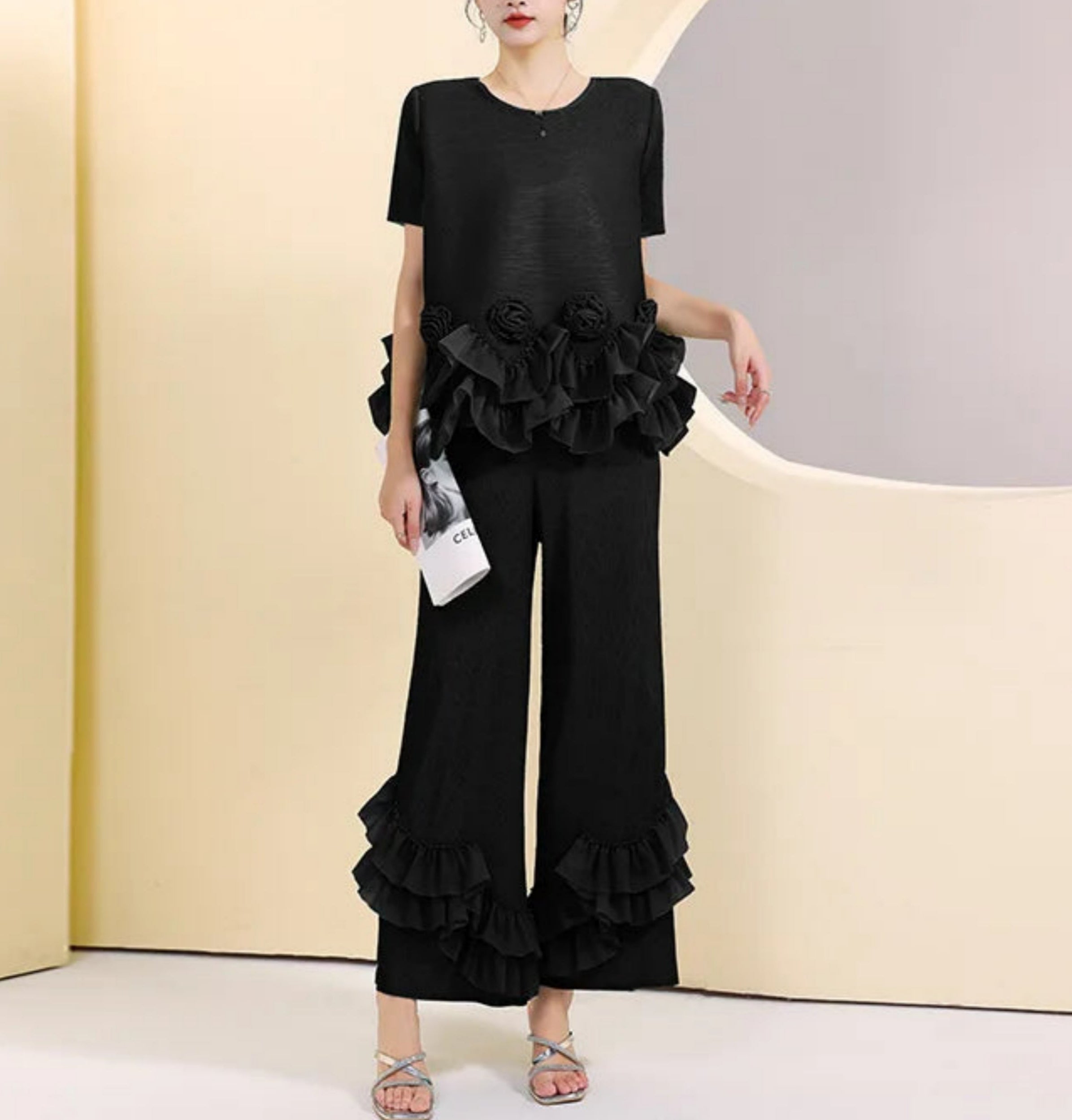 HEYFANCYSTYLE Female Luxury Plissé Ruffle Floral Designer Top & Wide Pants