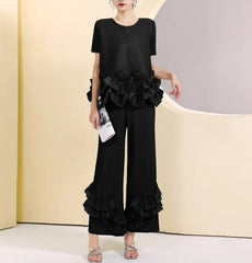 HEYFANCYSTYLE Female Luxury Plissé Ruffle Floral Designer Top & Wide Pants