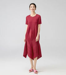 HEYFANCYSTYLE Female Plissé Pleated Designer Luxury Short Sleeve Midi Dress