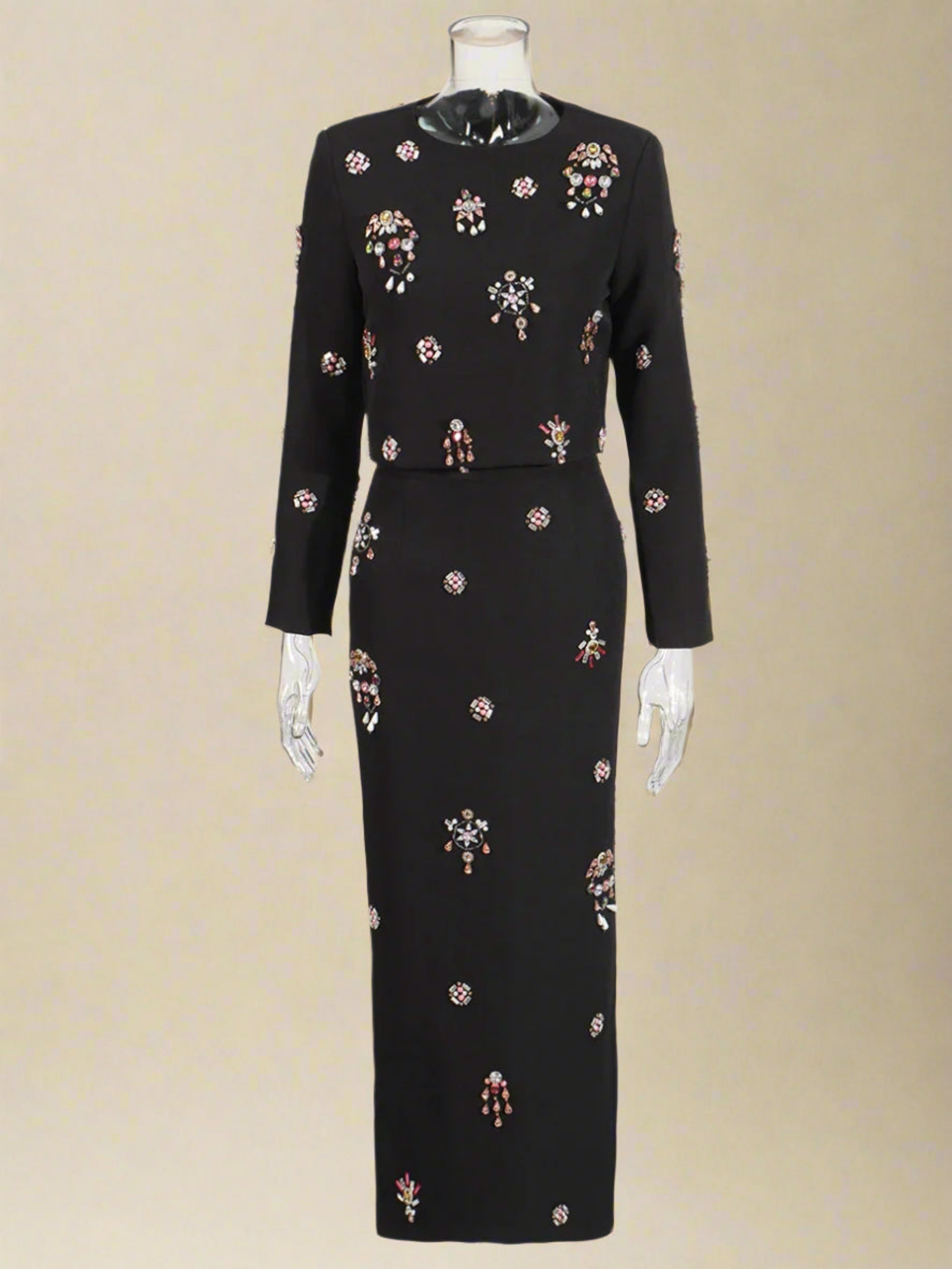 HEYFANCYSTYLE Formal Crystal Long Sleeve Top & Straight Maxi Skirt Set