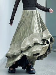 HEYFANCYSTYLE Haute Couture Metallic Asymmetric Pleated Maxi Skirt
