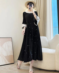 HEYFANCYSTYLE High-End Japanese Pleated Plisse Midi Dress Ruffled Neckline