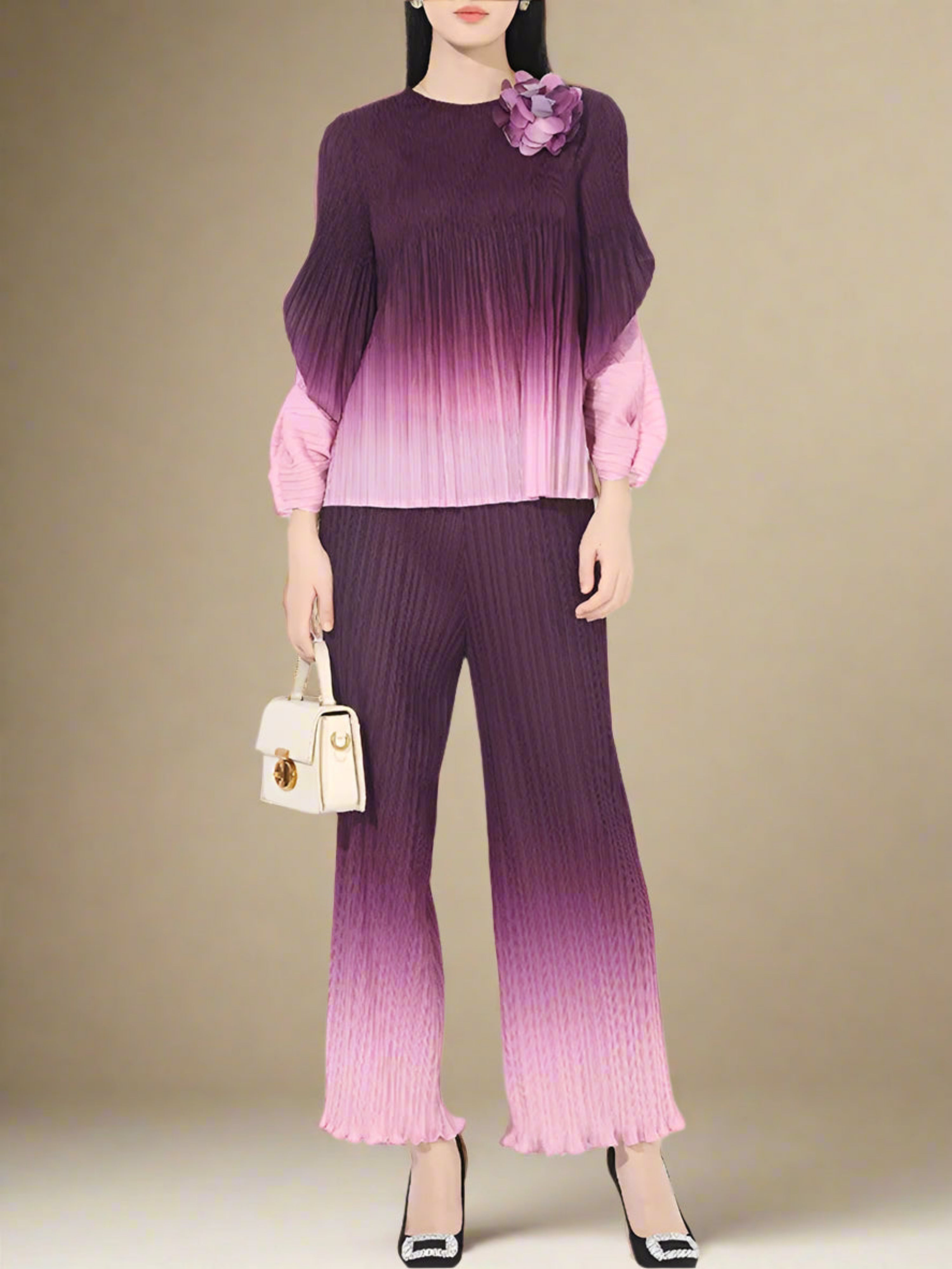 HEYFANCYSTYLE High-End Pleated Couture Outfit: Top & Pant Luxury Set