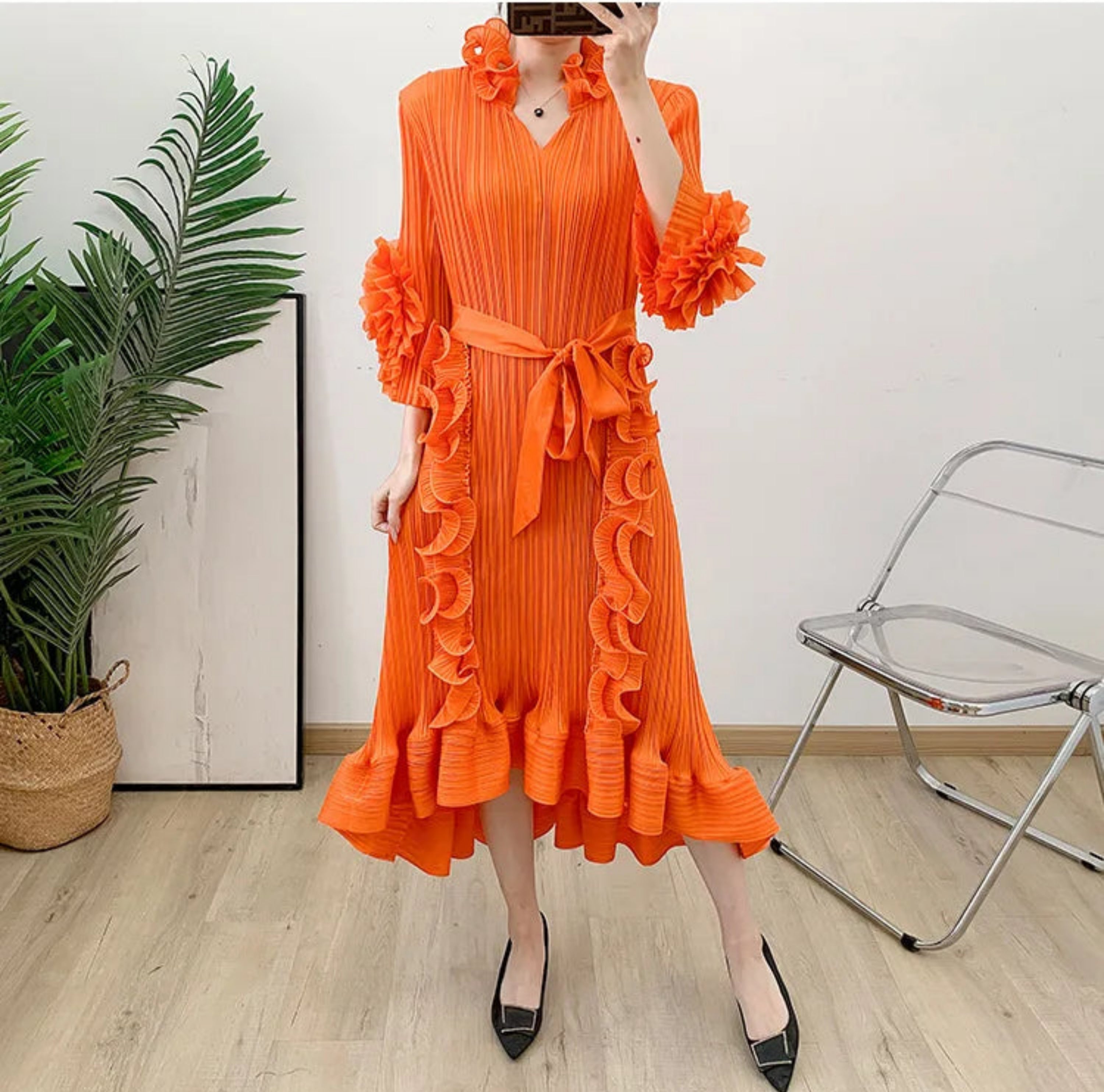 HEYFANCYSTYLE Japanese Pleat Ruffled Collar Luxury Midi Dress