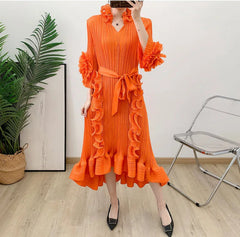 HEYFANCYSTYLE Japanese Pleat Ruffled Collar Luxury Midi Dress