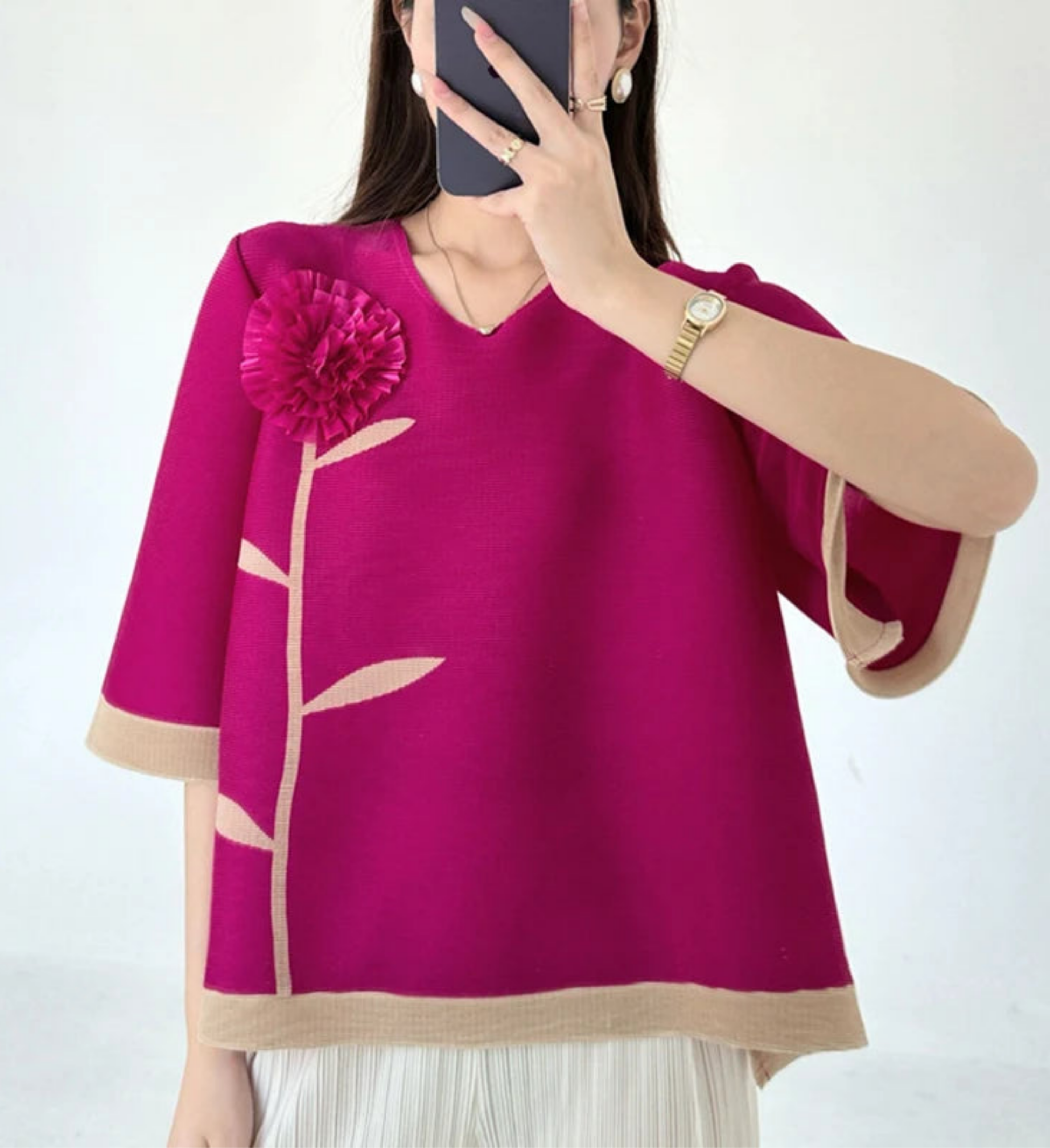 HEYFANCYSTYLE Japanese Pleated Blouse Luxury Flower Design Top