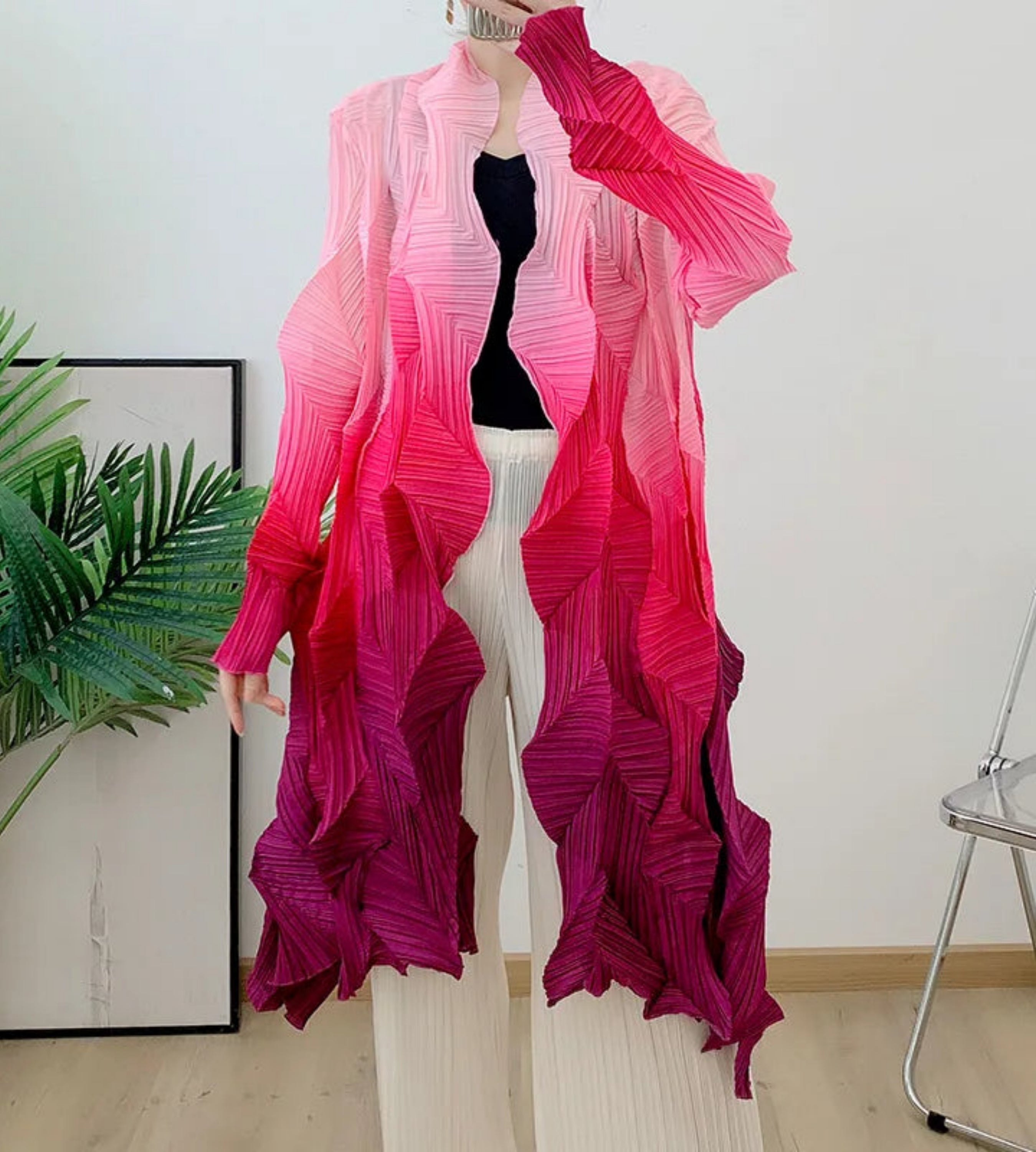 HEYFANCYSTYLE Japanese Pleated Cardigan Coat Designer Plisse Unique Style
