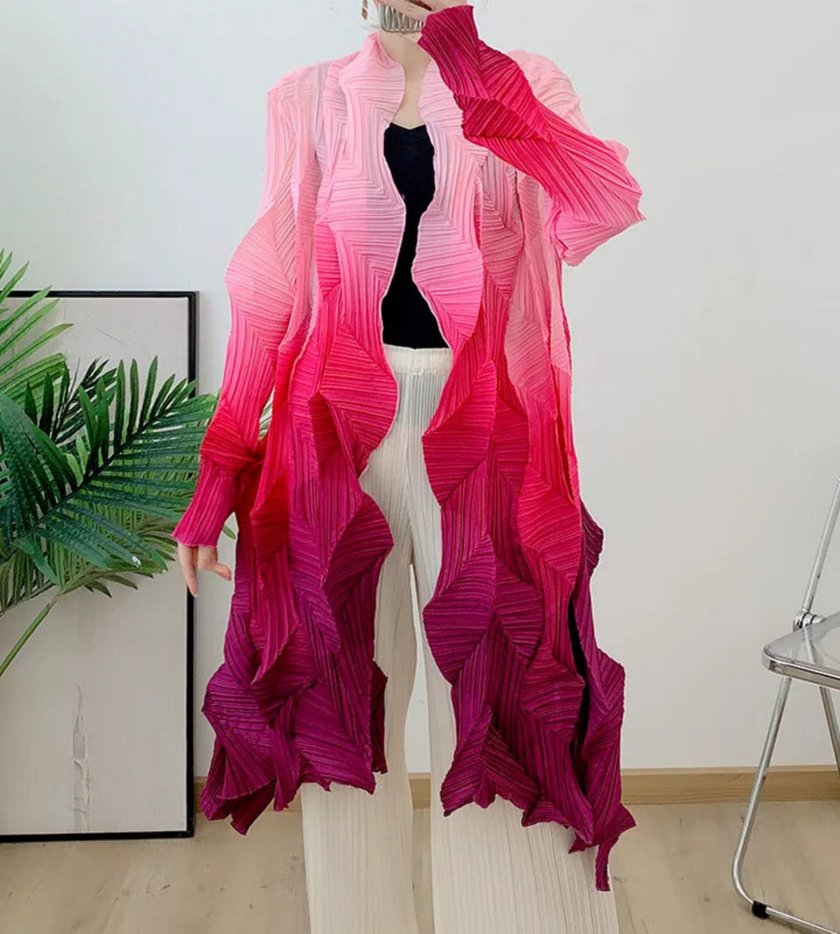 HEYFANCYSTYLE Japanese Pleated Cardigan Coat Designer Plisse Unique Style