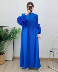 HEYFANCYSTYLE Japanese Pleated Designer Plisse Maxi Dress Elegant Ruffle Sleeve