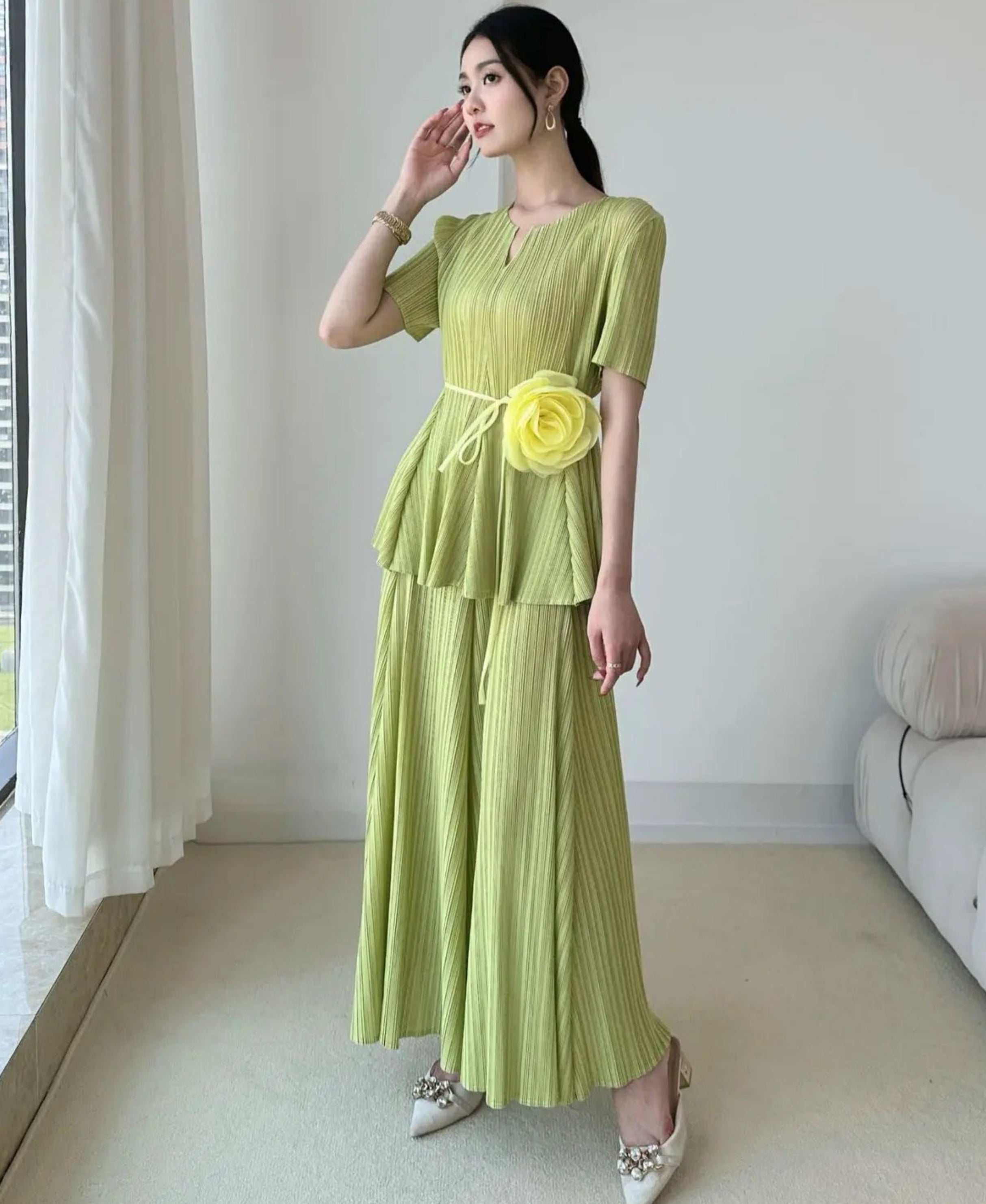 HEYFANCYSTYLE Japanese Pleated Plisse Blouse & Maxi Skirt Formal Set