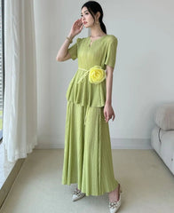 HEYFANCYSTYLE Japanese Pleated Plisse Blouse & Maxi Skirt Formal Set