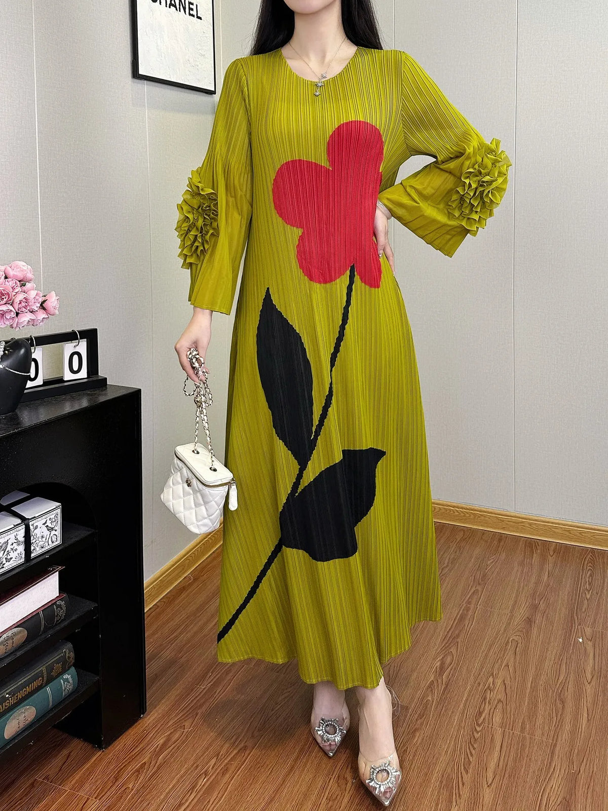 HEYFANCYSTYLE Japanese Pleated Plisse Designer Midi Dress Flower Print