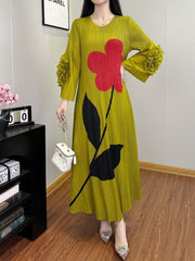 HEYFANCYSTYLE Japanese Pleated Plisse Designer Midi Dress Flower Print