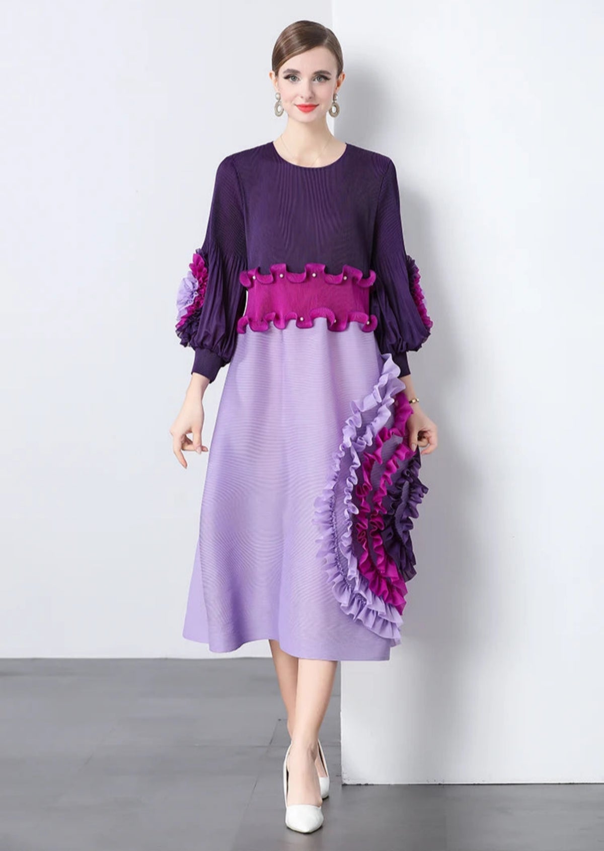HEYFANCYSTYLE Japanese Pleated Plisse Midi Dress - Ruffle Sleeve Detail