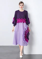 HEYFANCYSTYLE Japanese Pleated Plisse Midi Dress - Ruffle Sleeve Detail