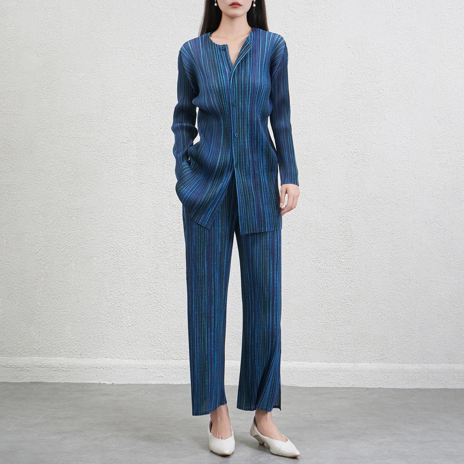 HEYFANCYSTYLE Japanese Women's Luxury Plisse Striped Trousers Set
