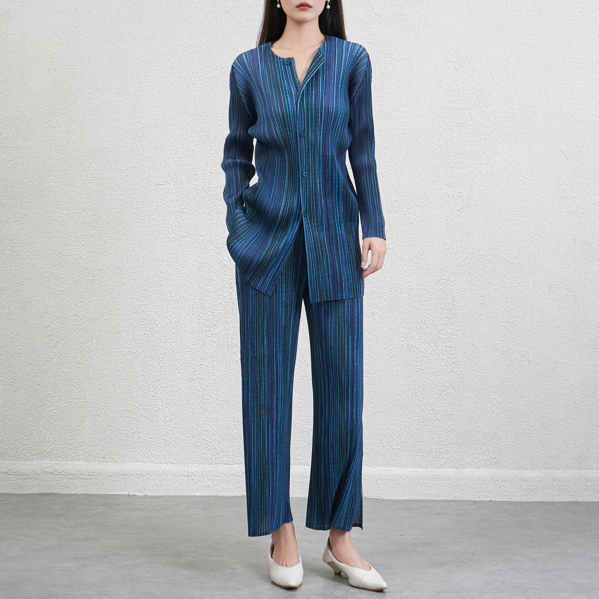 HEYFANCYSTYLE Japanese Women's Luxury Plisse Striped Trousers Set