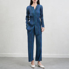 HEYFANCYSTYLE Japanese Women's Luxury Plisse Striped Trousers Set