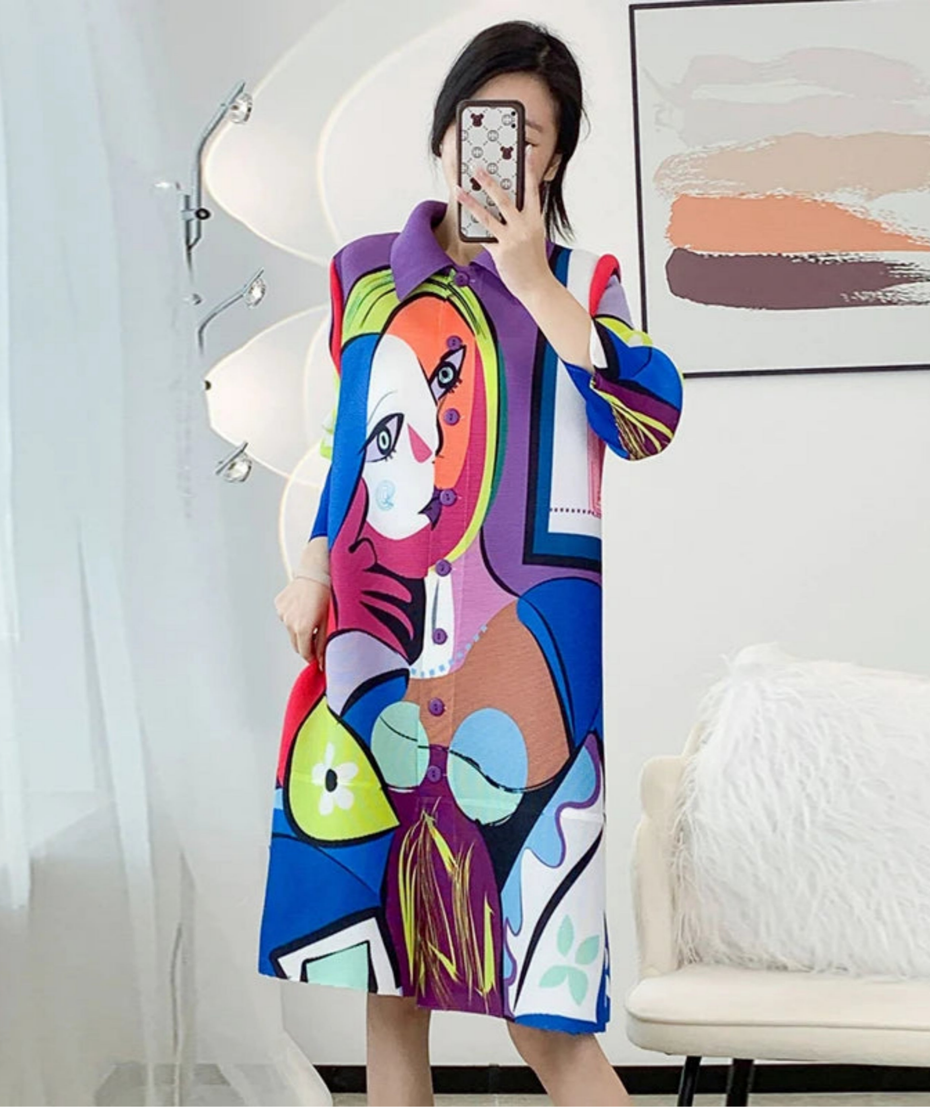 HEYFANCYSTYLE Luxury Abstract Face Print Plissé Pleat Dress