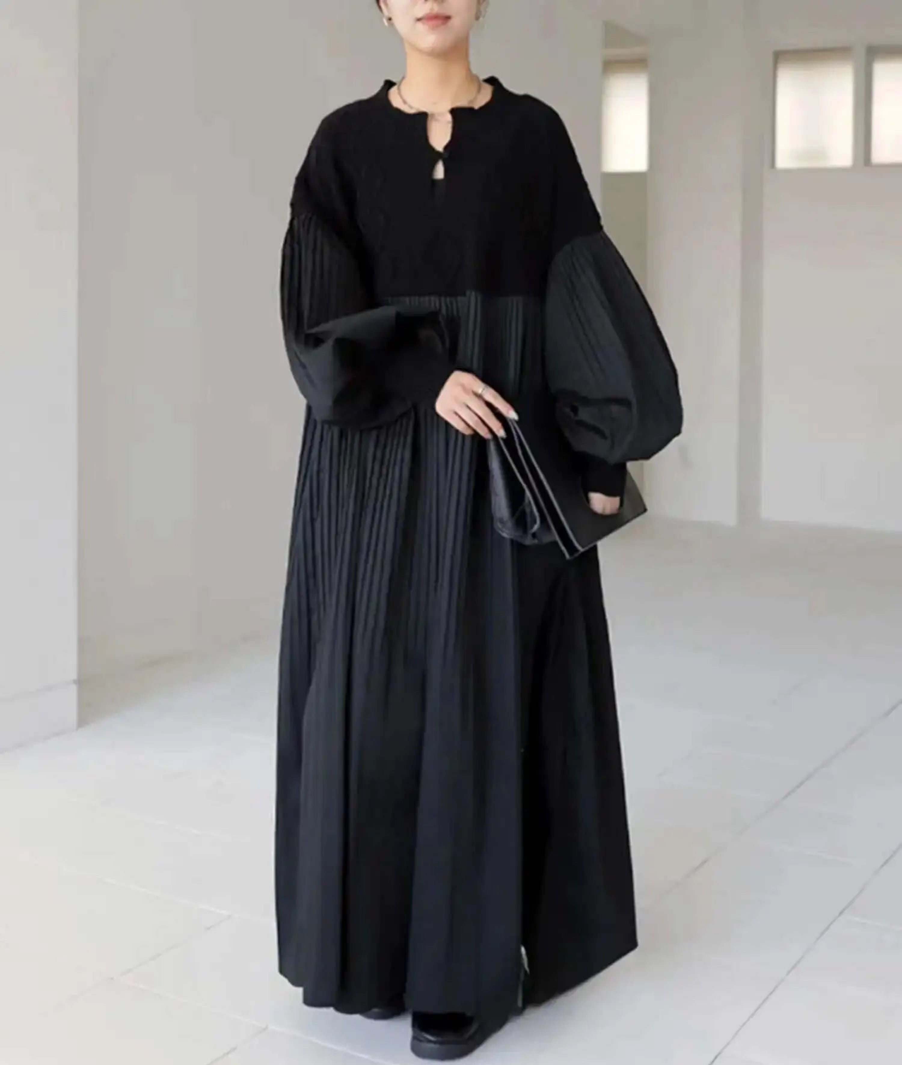 HEYFANCYSTYLE Luxury Casual Pleated Knitted Balloon Sleeve Dress