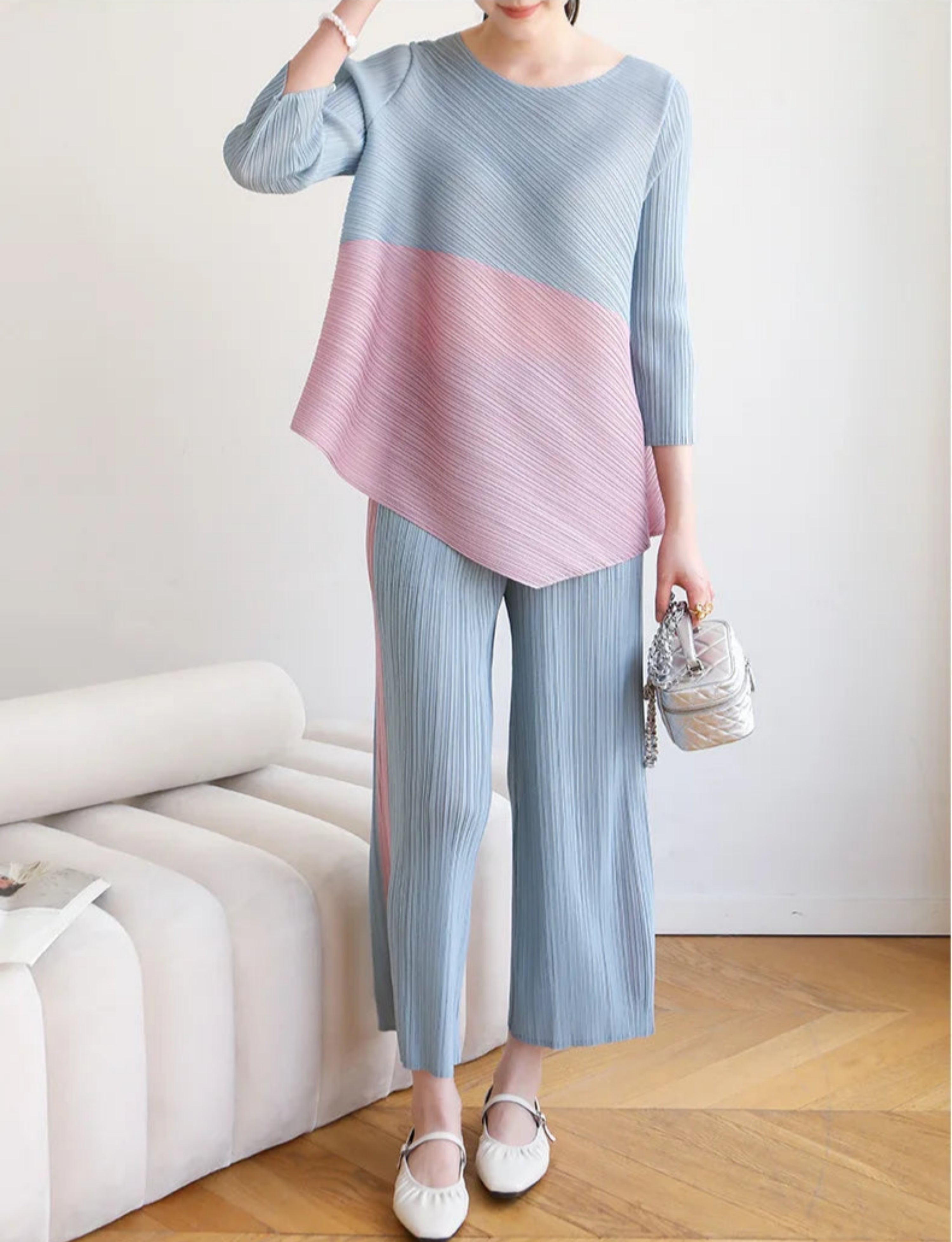 HEYFANCYSTYLE Luxury Designer Japanese Pleat Top & Pant Set Women's