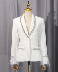HEYFANCYSTYLE Luxury Feather Embellished Shawl Collar Blazer Women's