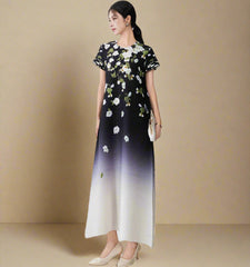HEYFANCYSTYLE Luxury Floral Ombre Plisse Designer Midi Dress for Women