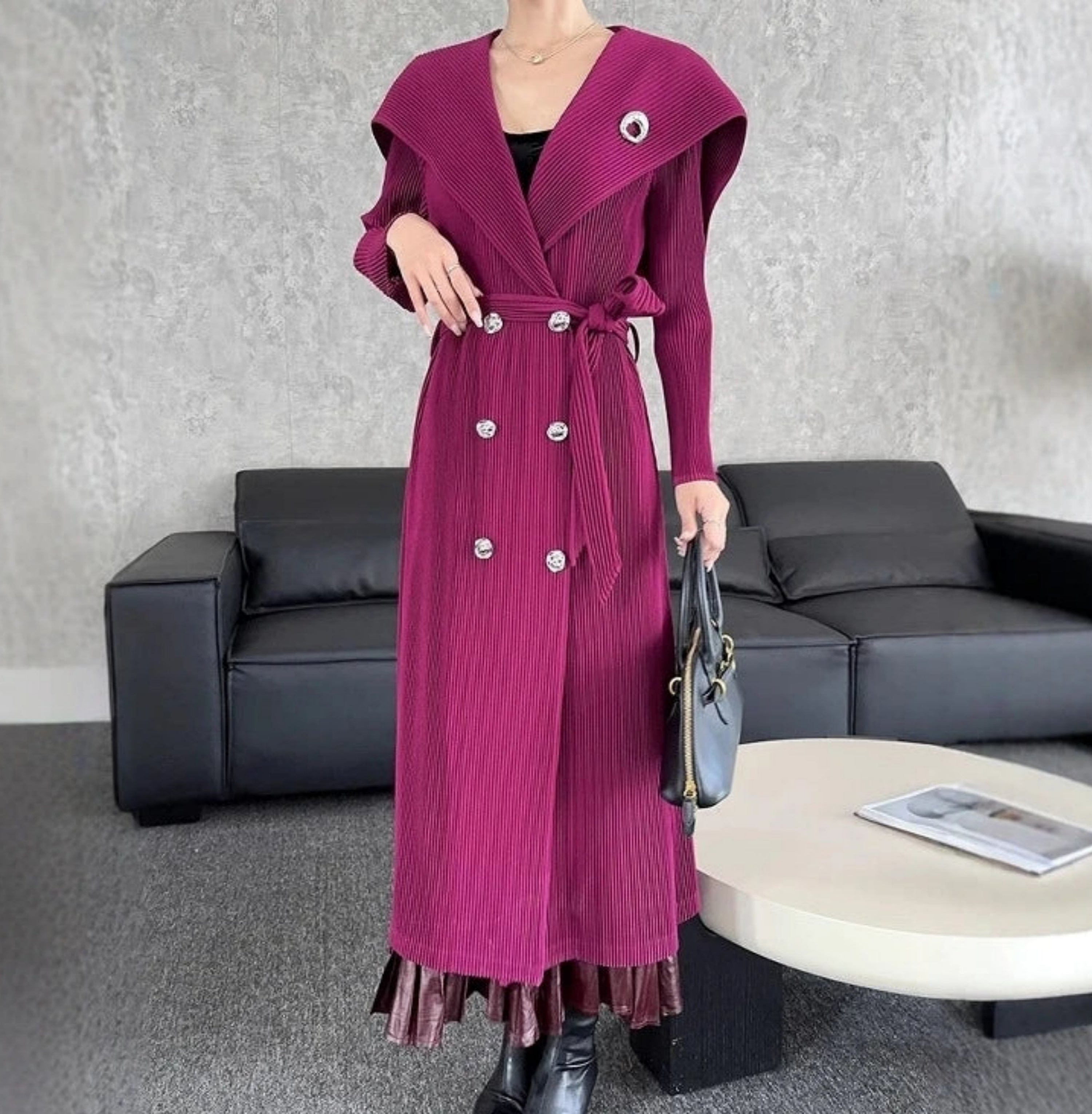 HEYFANCYSTYLE Luxury Japanese Pleated-Waist Pleated Plisse Formal Trench Coat