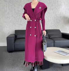 HEYFANCYSTYLE Luxury Japanese Pleated-Waist Pleated Plisse Formal Trench Coat