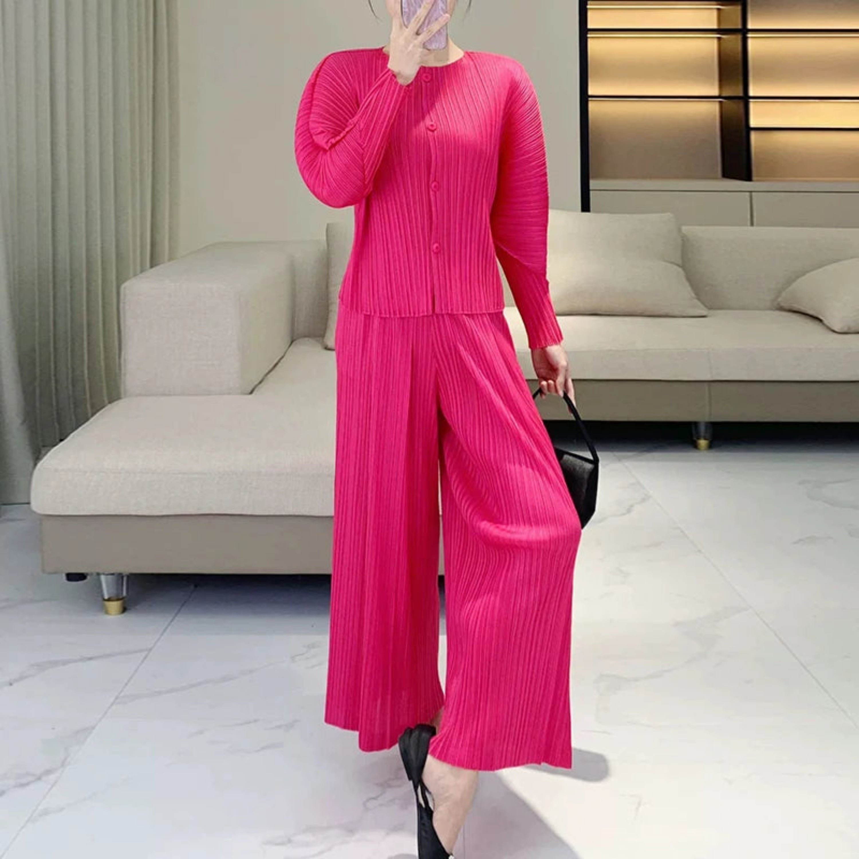 HEYFANCYSTYLE Luxury Japanese Pleated Blouse & Palazzo Pant