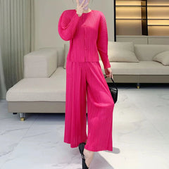 HEYFANCYSTYLE Luxury Japanese Pleated Blouse & Palazzo Pant