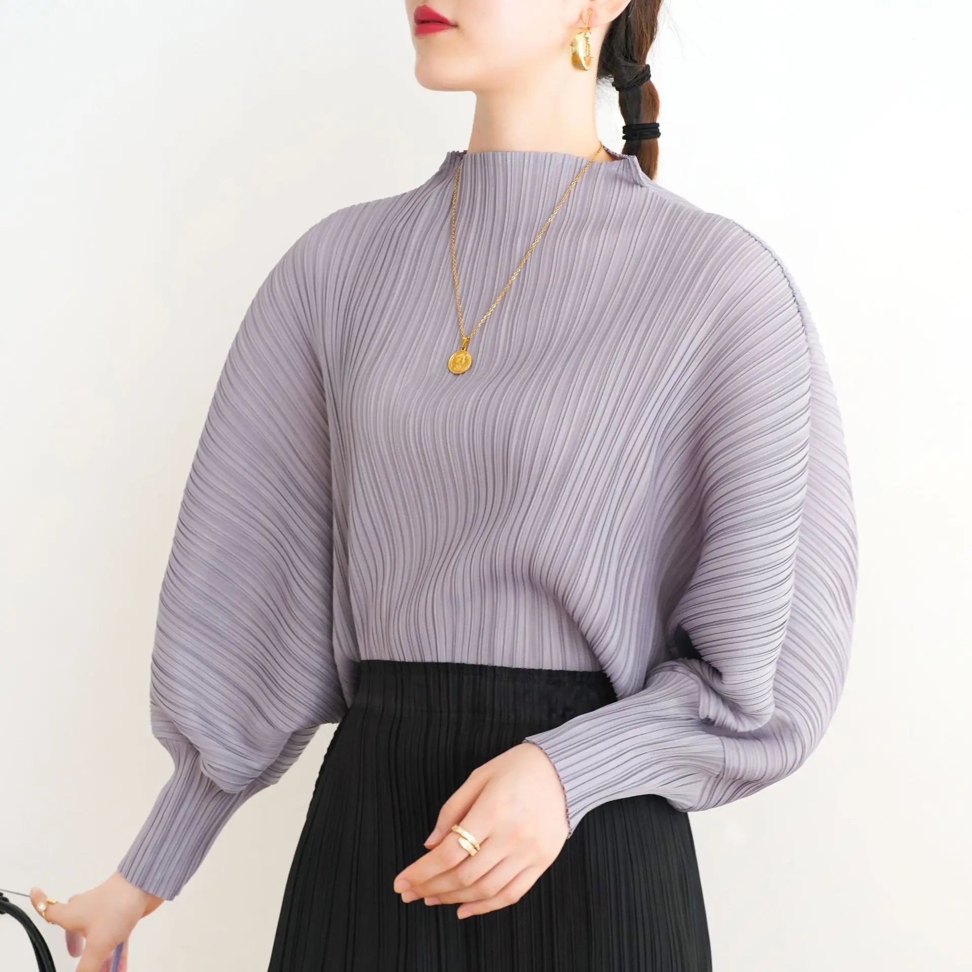 HEYFANCYSTYLE Luxury Japanese Pleated Mock Neck Blouse