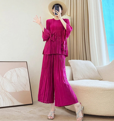 HEYFANCYSTYLE Luxury Japanese Pleated Palazzo Pants & Blouse Set Stretchy