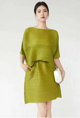 HEYFANCYSTYLE Luxury Japanese Pleated Plisse Relaxed Fit Blouse & Skirt Set