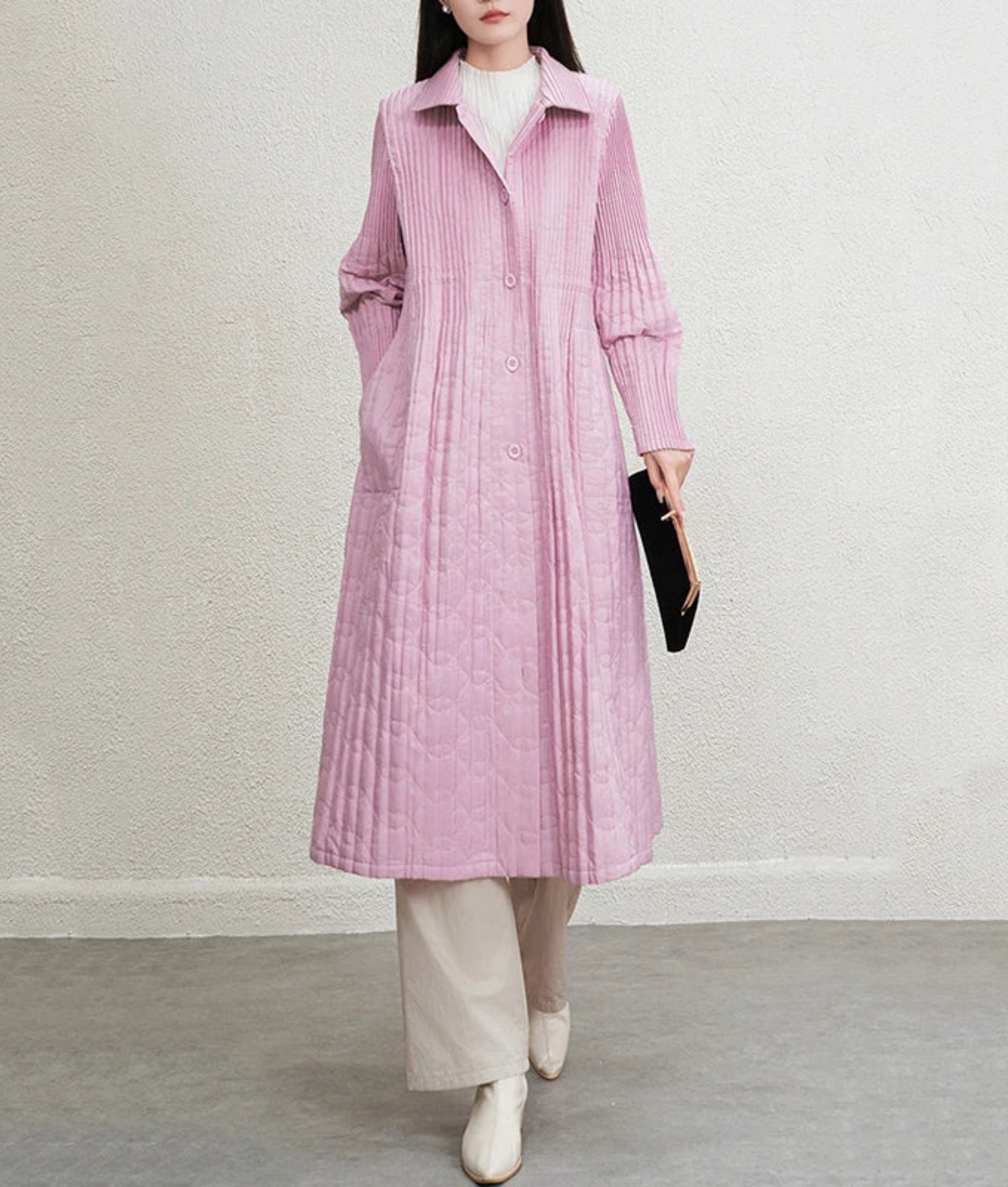 HEYFANCYSTYLE Luxury Japanese Pleated Quilted Long Coat Women's