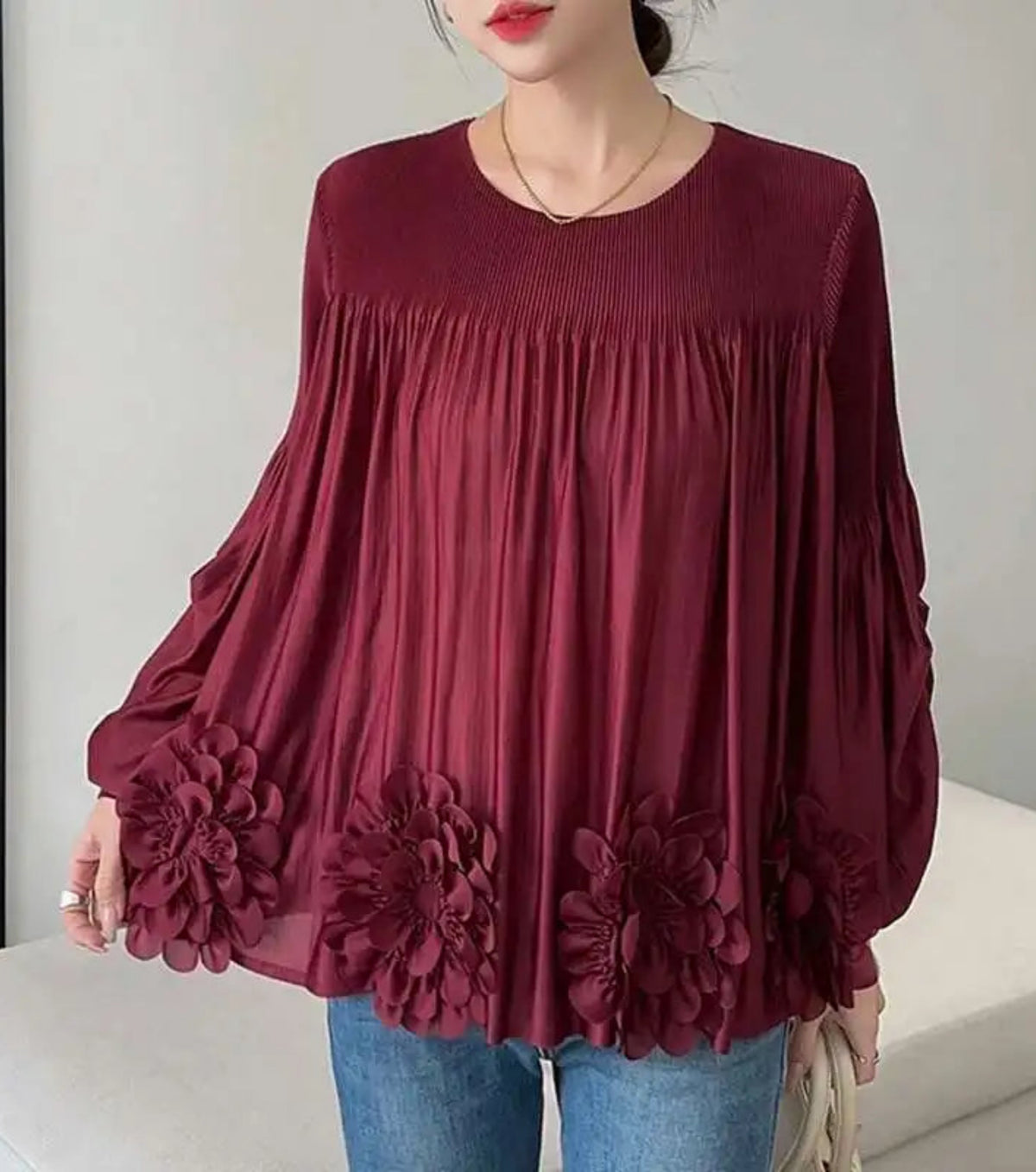 HEYFANCYSTYLE Luxury Japanese Pleated Top Women's Flowy Designer Blouse