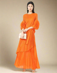 HEYFANCYSTYLE Luxury Japanese Pleats Cruise Two Piece Maxi Skirt Set