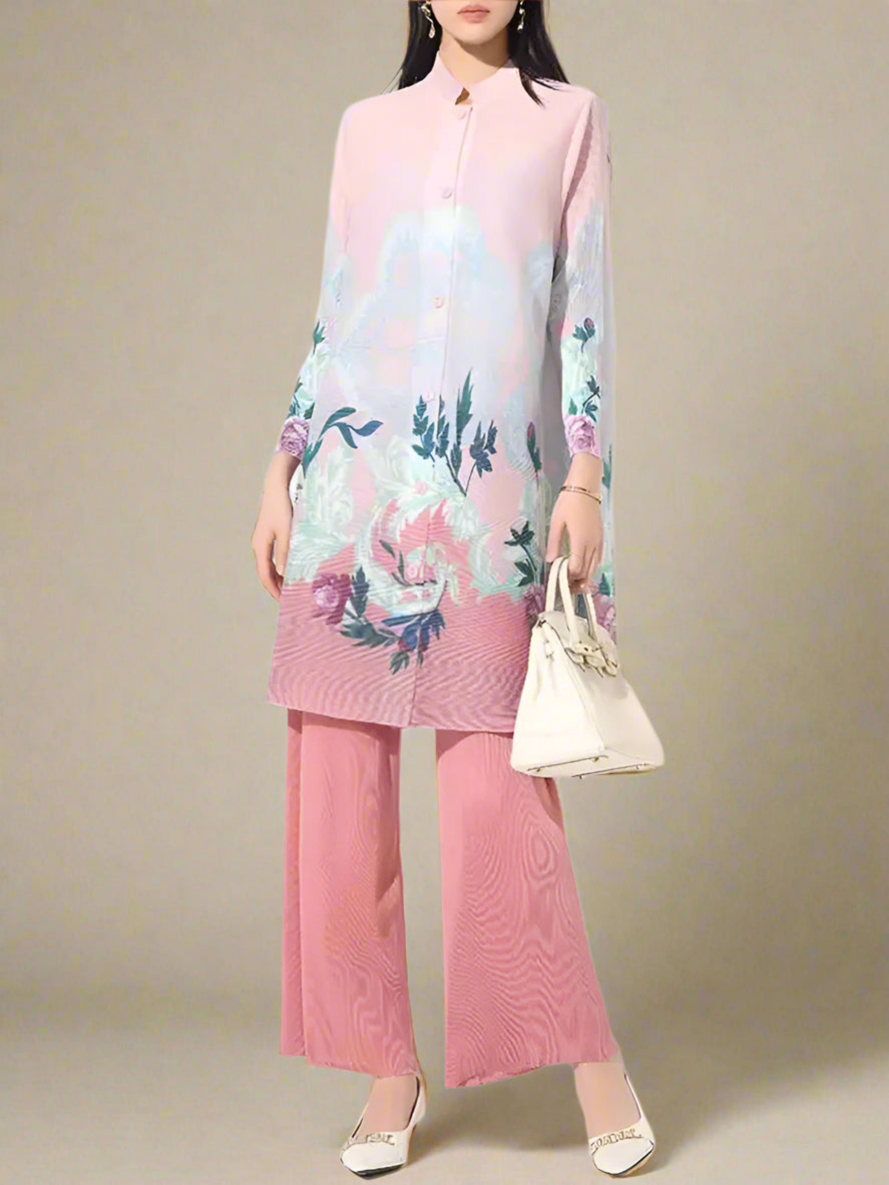 HEYFANCYSTYLE Luxury Japanese Pleats Formal Cruise Tunic & Pant Set