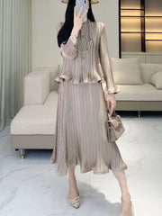 HEYFANCYSTYLE Luxury Japanese Pleats Formal Sleeveless Dress and Cardigan Set