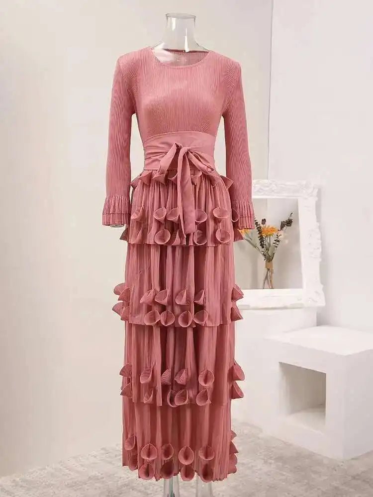 HEYFANCYSTYLE Luxury Japanese Pleats Tiered Midi Dress