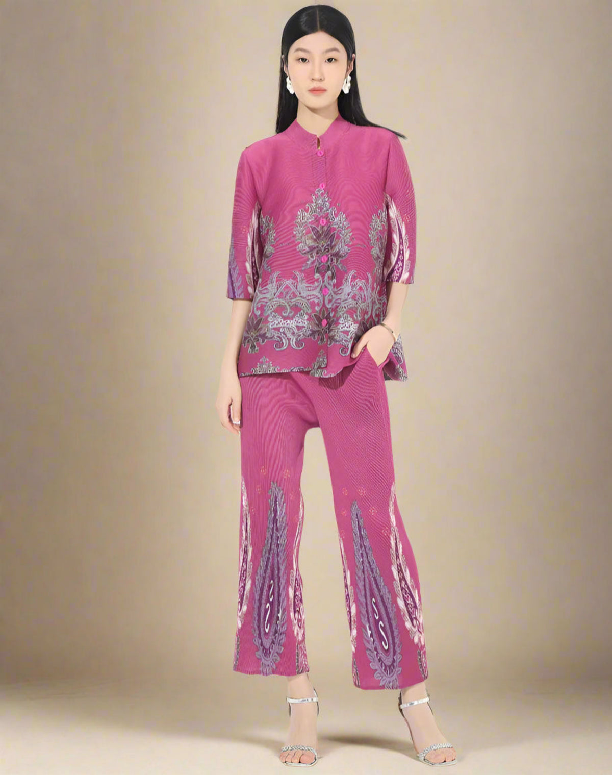 HEYFANCYSTYLE Luxury Japanese Pleats Top And Pants Set Older Women