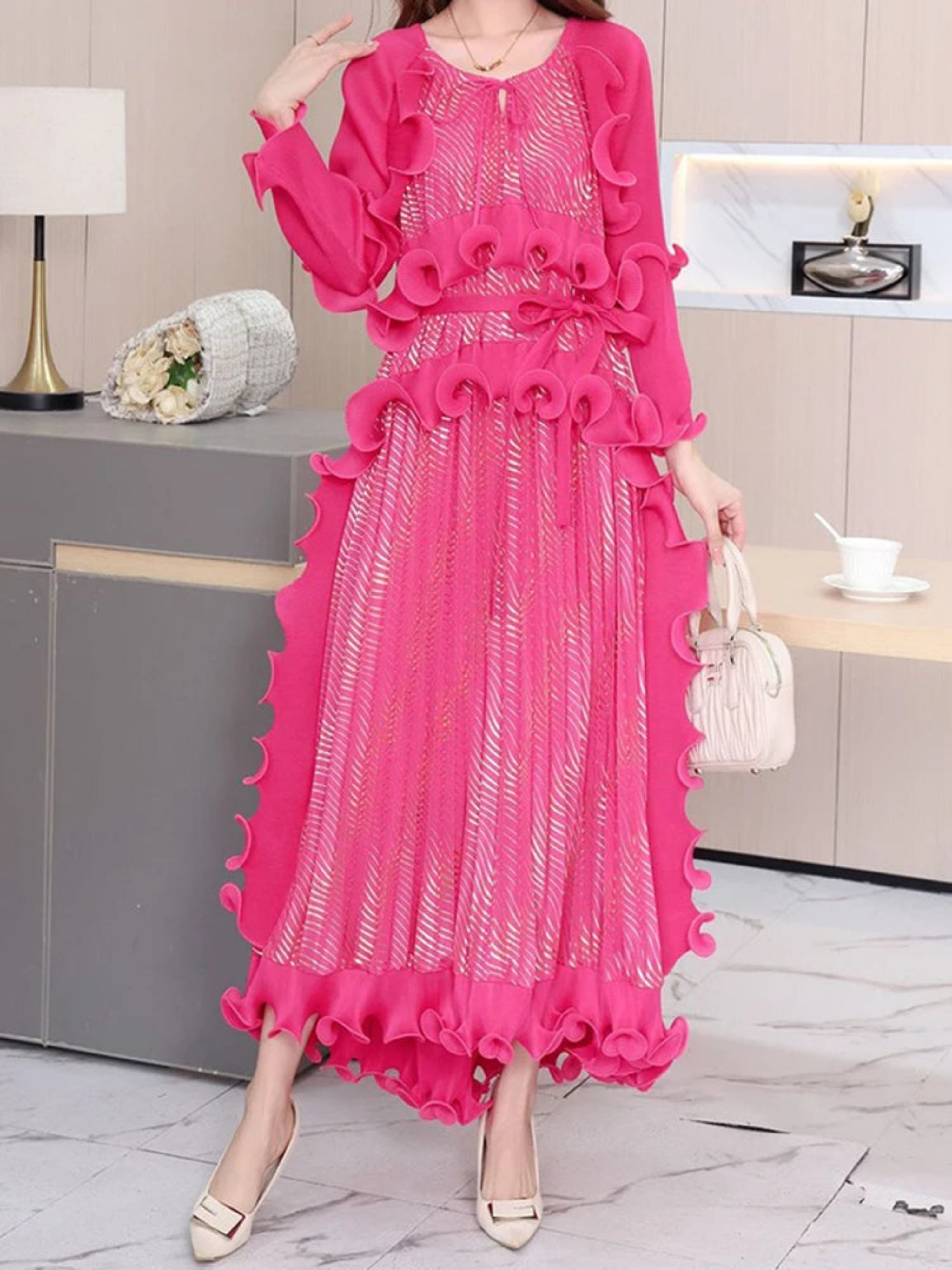 HEYFANCYSTYLE Luxury Japanese Plisse Ruffled Tiered Midi Dress