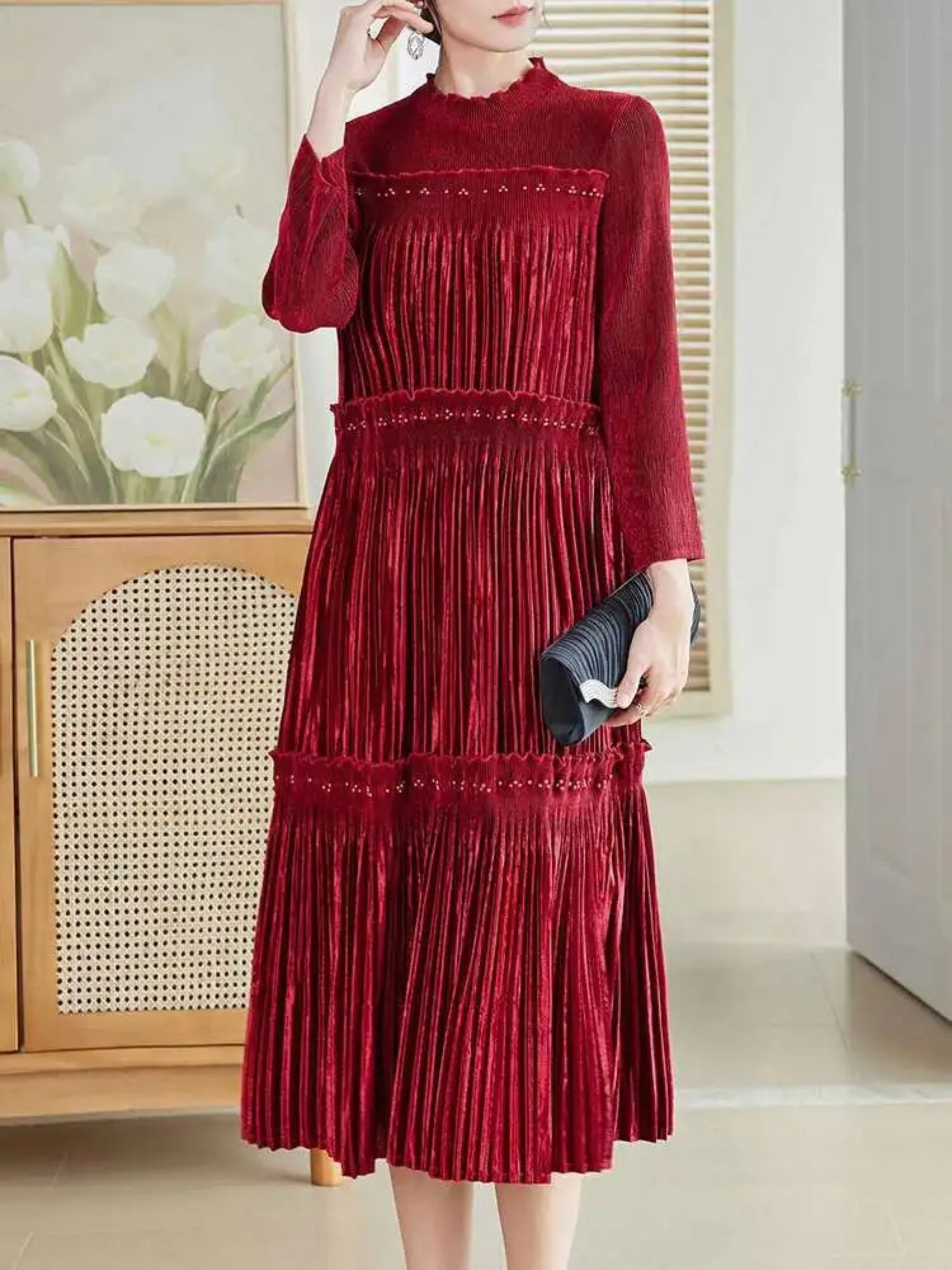 HEYFANCYSTYLE Luxury Japanese Velvet Pleated Dress - Elegant Long Sleeve Midi Cruise Formal Night